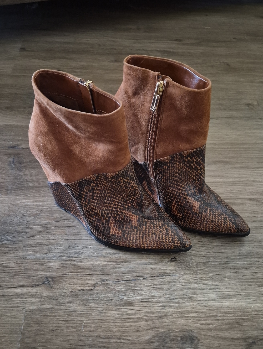 Jessica Simpson Tan Suede & Brown Snake-Print Wedge Ankle Boots